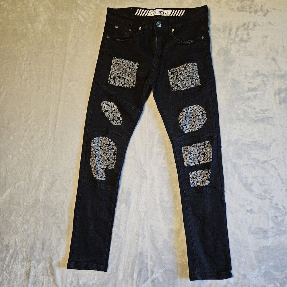 RGSTR Black Paisley Patchwork Moto Skinny Jeans Mens 30‎ Streetwear
